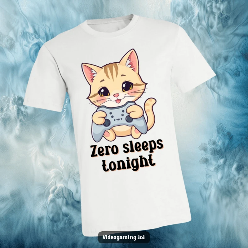 Funny cat gamer t-shirt, a happy cat intensely aiming a game controller with a determined and focused smile.