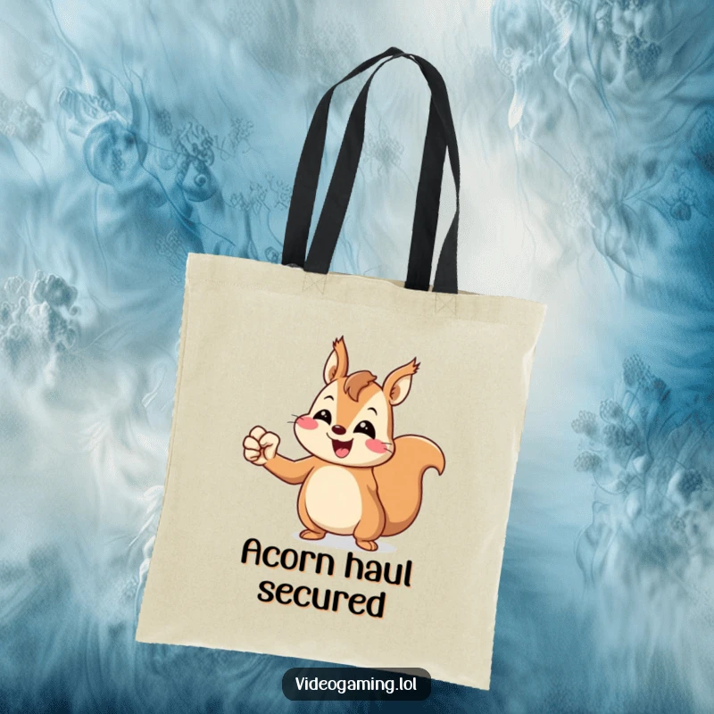 Funny Squirrel Tote Bag: A cheerful squirrel pumps its fist in victory, ready to carry your items with triumphant energy.