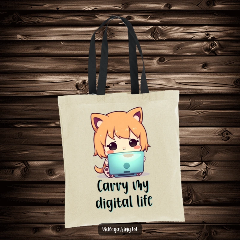 Funny tote bag displaying a curious character intently gazing at a bright screen, a humorous accessory for digital life enthusiasts.