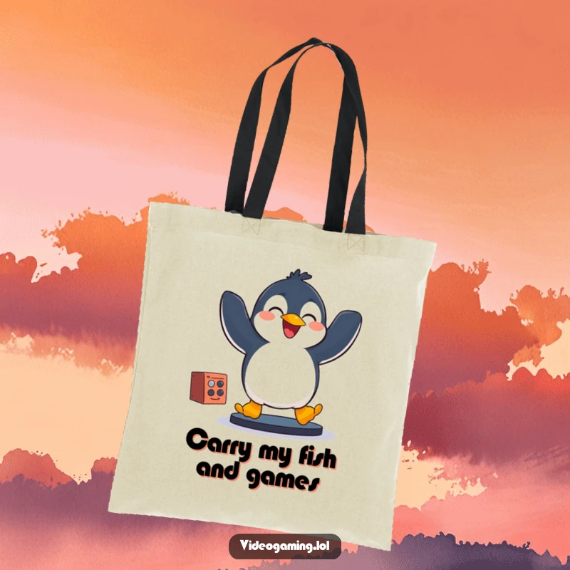Funny penguin joyfully jumping with a game controller, a hilarious tote bag for carrying gaming essentials.