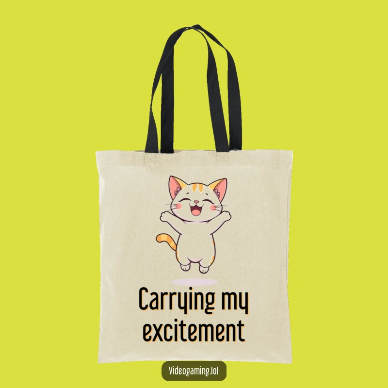 Funny Tote Bag: Cheerful Cat Jumping Out of Excitement on This Bag