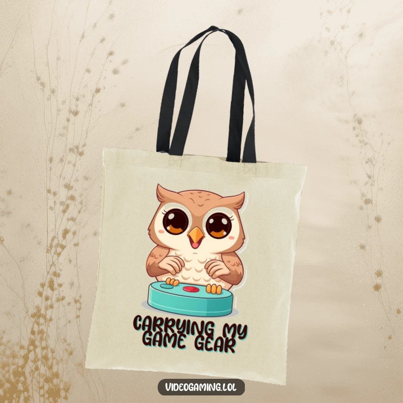 Funny owl tote bag depicting a joyful bird with wide, focused eyes playing a video game, practical gamer accessory.