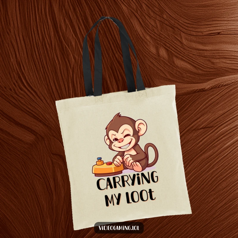 Funny Monkey Gamer Tote Bag illustrating a mischievous monkey grinning while playing a video game, ready for adventure.