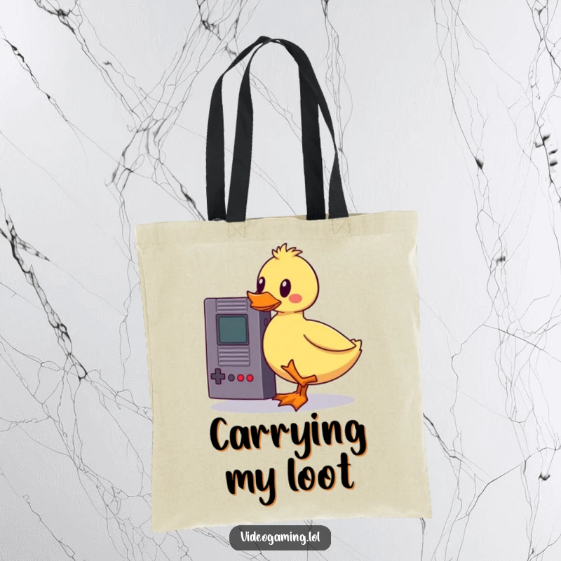 Funny wobbly duck tote bag, humorously balancing a vintage game cartridge, ideal for carrying groceries or gear with a dose of playful charm.