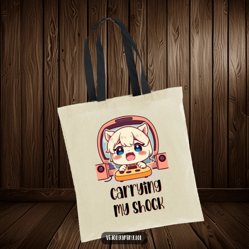 Funny Gamer Tote Bag: A delighted character with a shocked expression, ready to hold your gaming gear with humorous flair.
