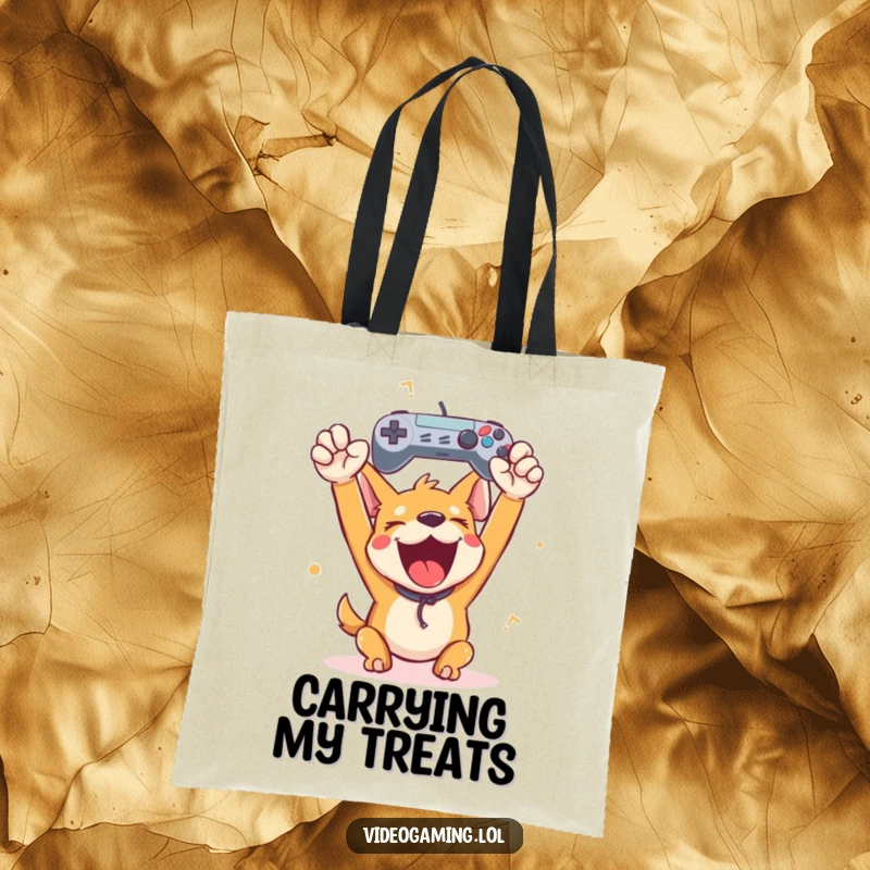 Funny happy dog raising a game controller in a victorious cheer, printed on a humorous tote bag for gamer essentials.