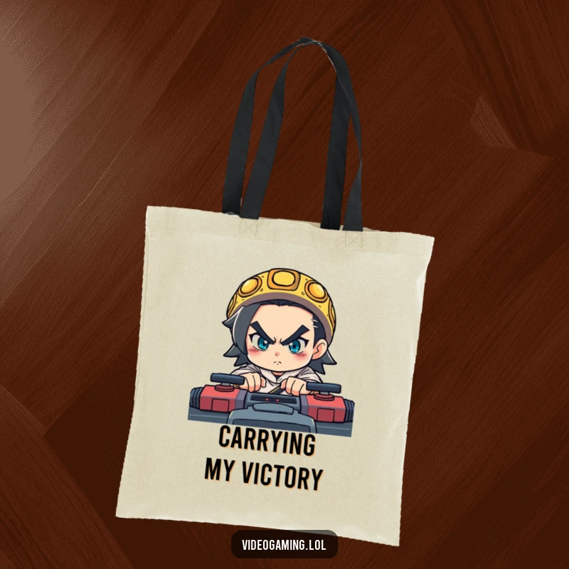 Funny tote bag with a determined character intensely focused on playing a fast-paced game, conveying concentration.