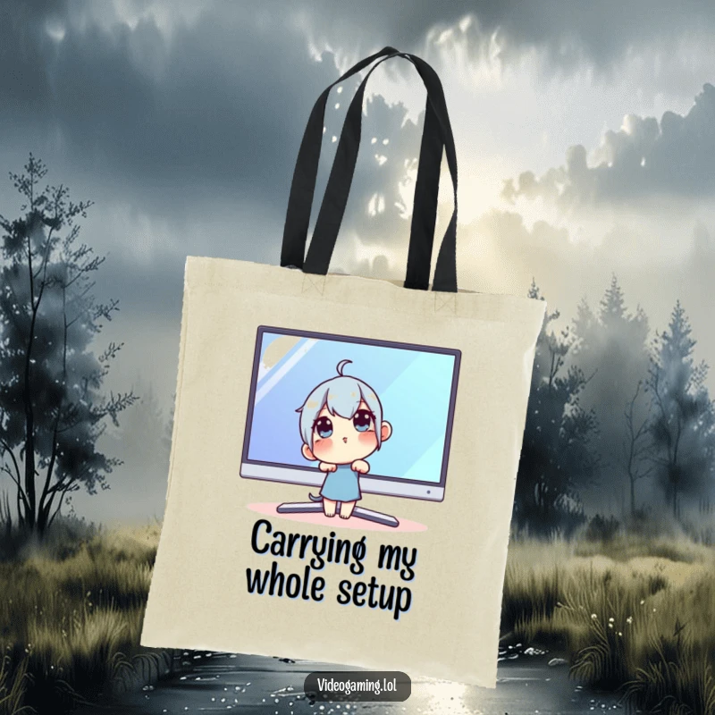 Funny Techie Tote Bag: A curious character peering into a large monitor, ideal for carrying tech items with a humorous twist.