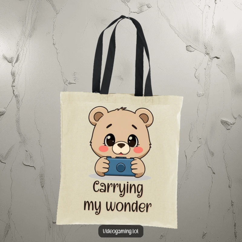 Funny tote bag illustrated with a curious bear mesmerized by video game action, showcasing gamer fascination.