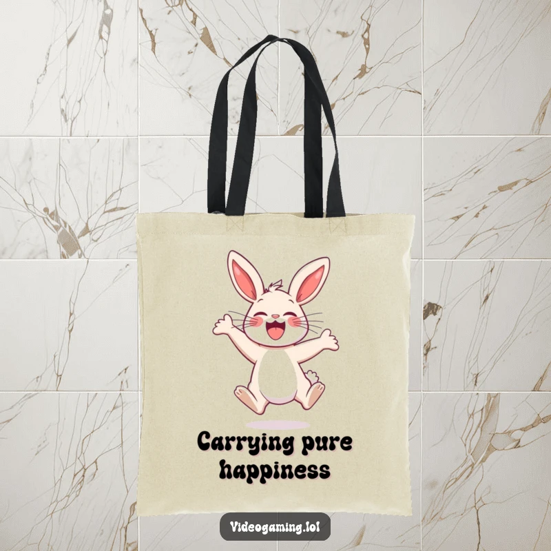Funny Bunny Tote Bag: A happy bunny is captured mid-jump, radiating excitement and pure, unbridled joy.