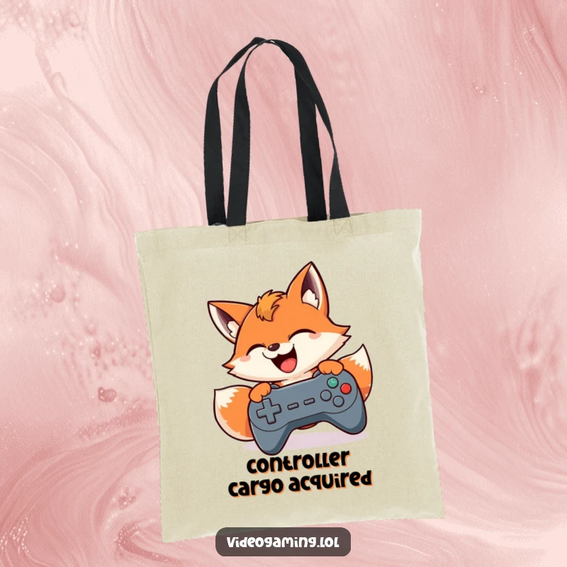 Funny tote bag showcasing a smiling fox intensely mashing game controller buttons, designed for carrying gaming accessories with humor.
