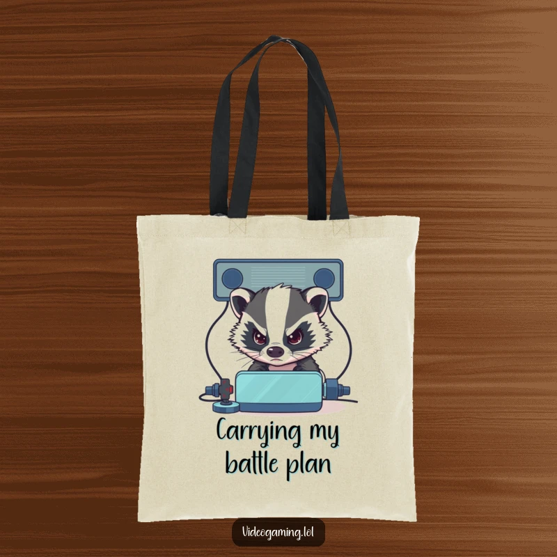 Funny Badger Gamer Tote Bag: A determined badger intensely eyes its virtual opponent, ready for any challenge.