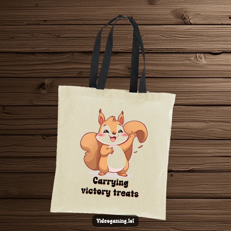Funny tote bag with a happy squirrel doing a celebratory dance, full of joy and excitement. Great for shoppers.