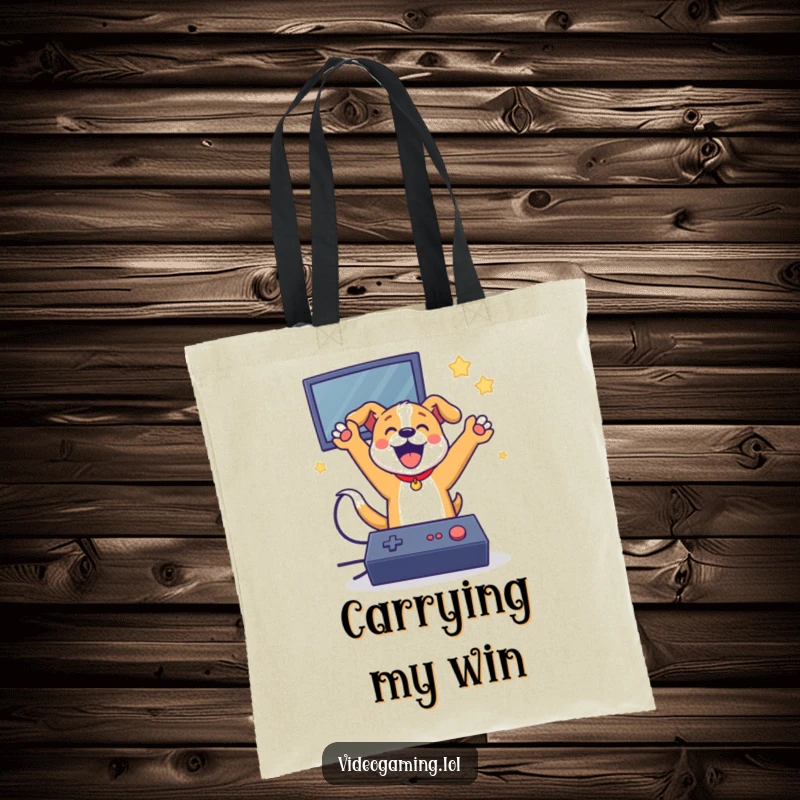 Funny dog gamer tote bag, jumping with joy after a video game win, a humorous and practical accessory.