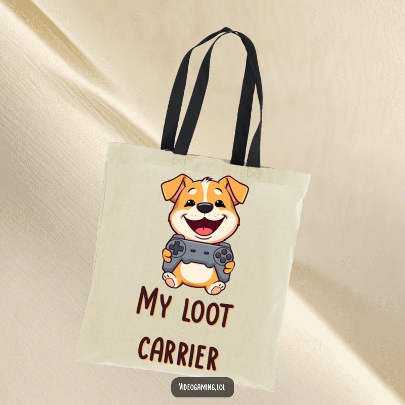 Funny Dog Tote Bag: A playful dog grins widely while holding a controller, ready to carry your items with enthusiasm.