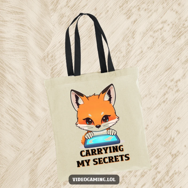 Funny Fox Curiosity Tote Bag featuring a curious fox intensely staring at a glowing screen, with a look of deep concentration.