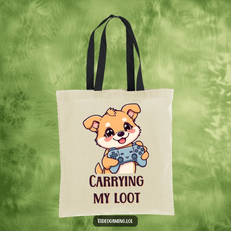Funny tote bag featuring a happy dog holding a controller, eyes glued to a screen, ideal for gamer essentials.