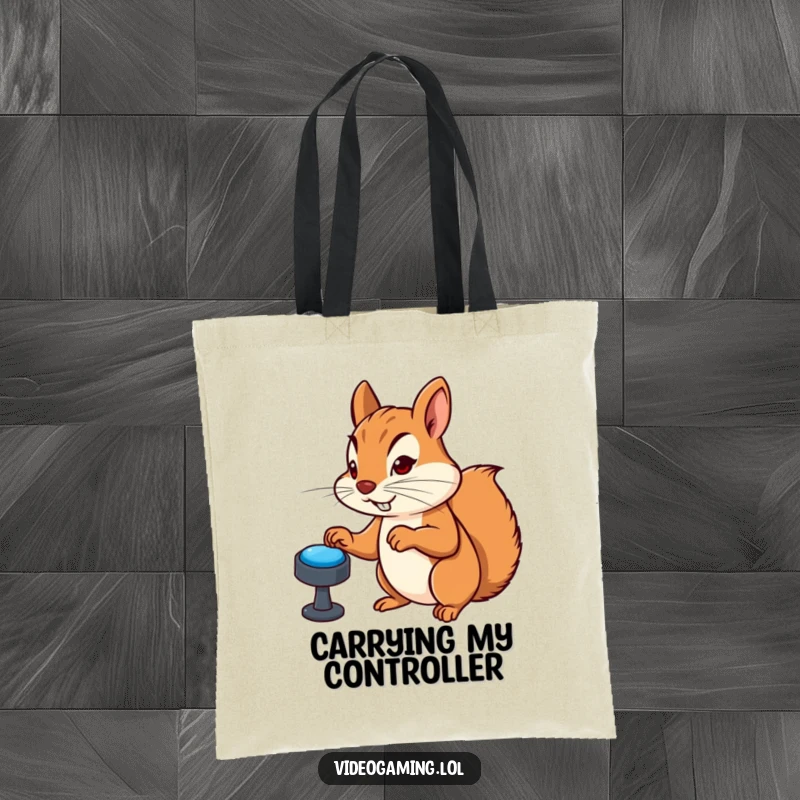 Funny tote bag showing a determined squirrel furiously mashing virtual buttons in a game, a cartoon character ready for any challenge.