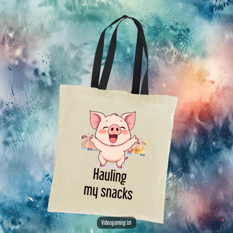 Funny tote bag with a cheerful piglet jumping and cheering for a game victory. Great for shoppers.