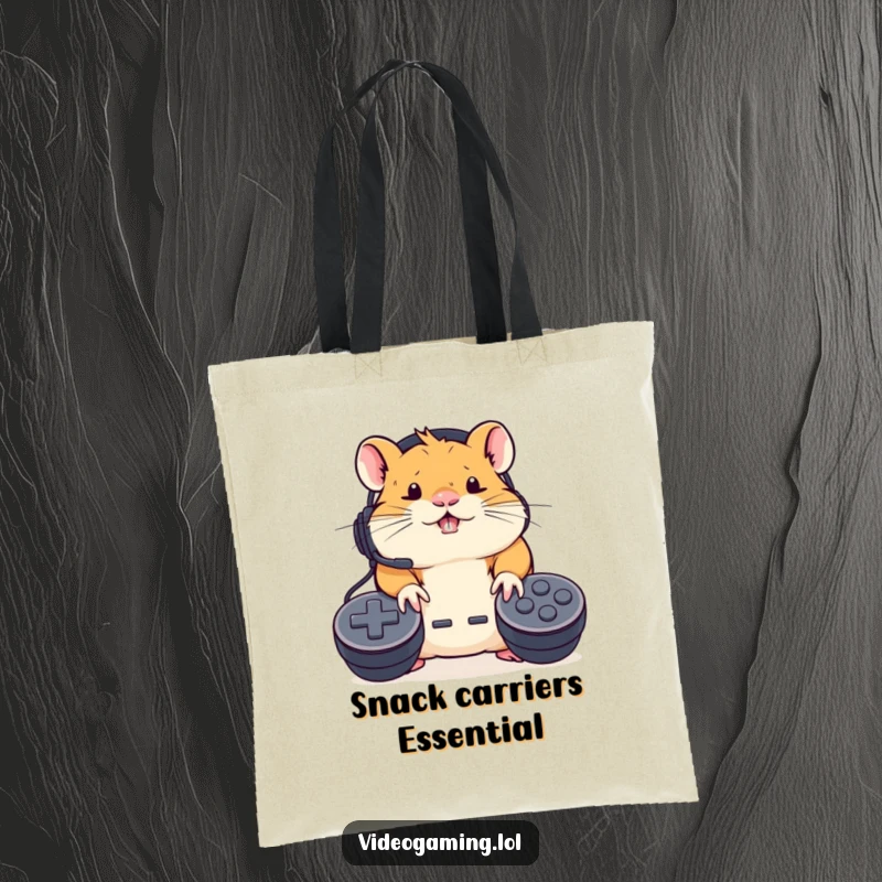 Funny Hamster Gamer Tote Bag: A determined hamster with headset furiously mashes controller buttons, symbolizing gaming passion.