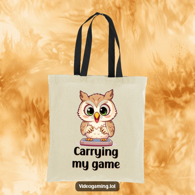 Funny Owl Tote Bag: A joyful owl plays a game with wide, focused eyes, ready to carry your essentials with purpose.