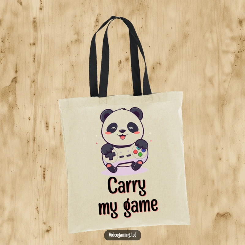Funny tote bag illustration of a playful panda relentlessly mashing buttons on a game controller.