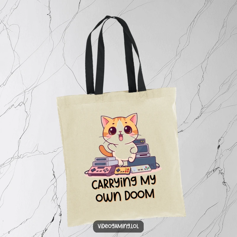 Funny tote bag depicting a surprised cat's comical fall amidst a jumble of video game consoles, a gamer's storage solution.
