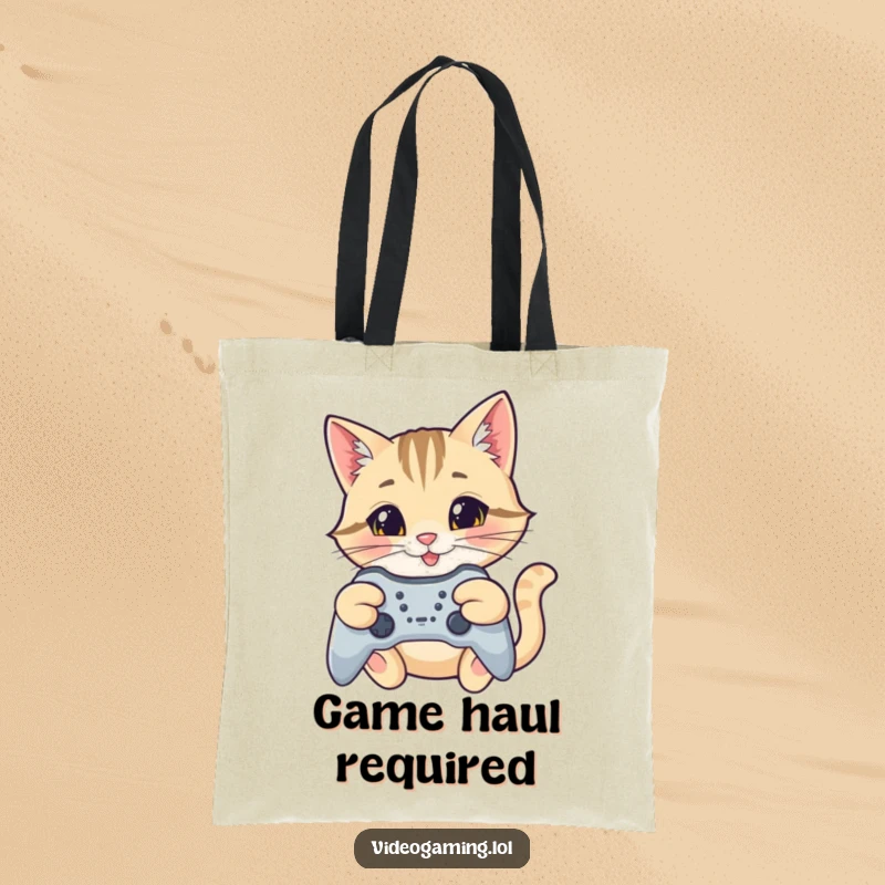 Funny cat gamer tote bag, depicting a focused cat with a smile aiming a game controller, ready for adventure.
