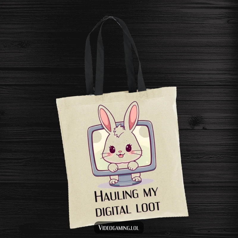 Funny tote bag featuring a cheerful rabbit staring intently at a glowing monitor, a humorous accessory for screen enthusiasts.