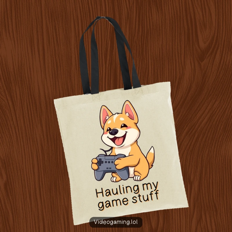 Funny dog tote bag featuring a playful dog grinning widely while holding a video game controller, gamer accessory.