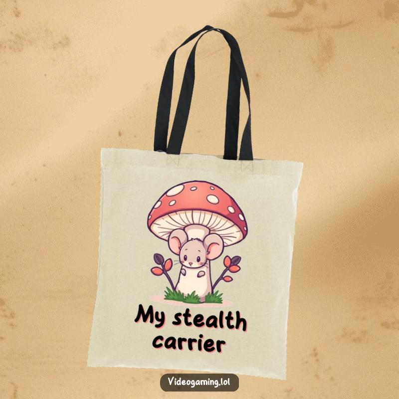 Funny tote bag with a shy mouse character hidden behind a large pixelated mushroom, conveying bashfulness.