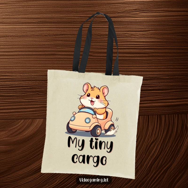 Funny Hamster Race Tote Bag showing a happy hamster determinedly racing a tiny virtual vehicle, full of competitive energy.