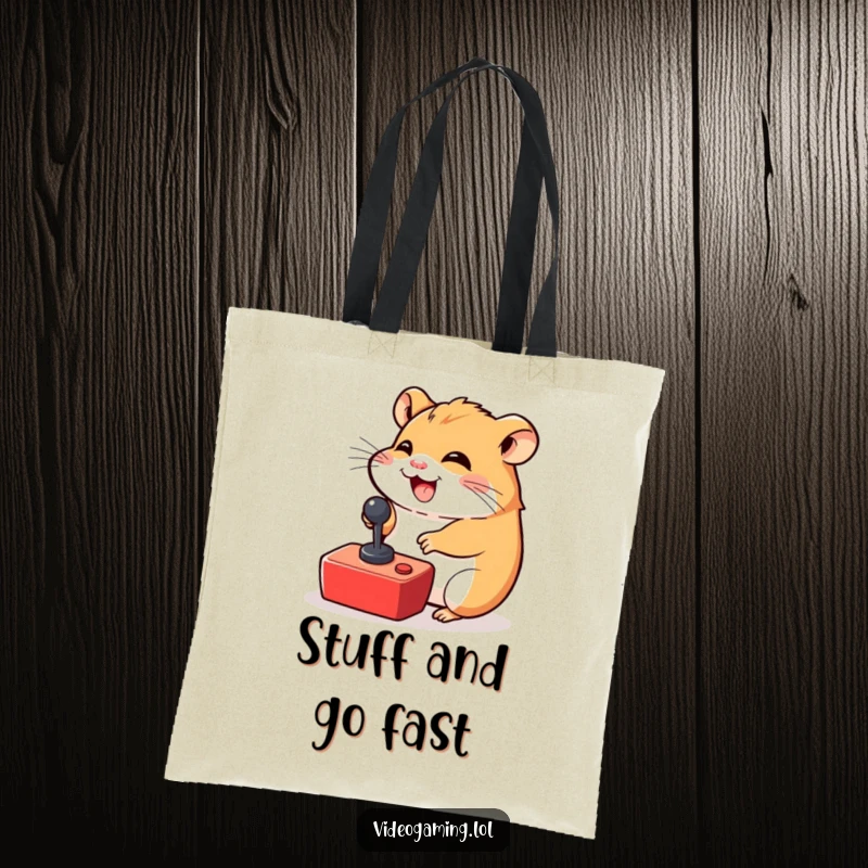 Funny Hamster Gamer Tote Bag: A giggling hamster enthusiastically moves a tiny joystick, bringing joy.