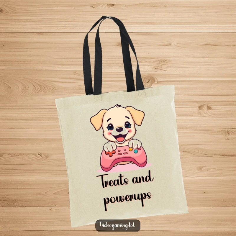 Funny Puppy Gaming Tote Bag: A delighted puppy mashes game controller buttons, making it a fun and functional accessory.